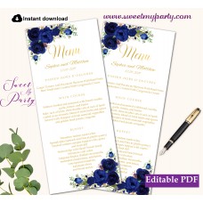 Navy Blue flowers menu card printable template,Gold menus,(39w) Navy Blue flowers menu card printable template,Gold menus,(39w)